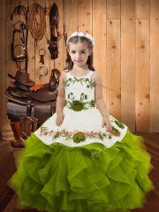 Olive Green Ball Gowns Straps Sleeveless Tulle Floor Length Lace Up Embroidery and Ruffles Kids Pageant Dress