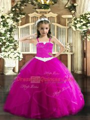 Fuchsia Lace Up Straps Appliques and Ruffles Little Girls Pageant Dress Tulle Sleeveless