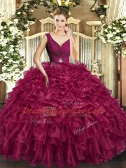 Beading and Ruffles Ball Gown Prom Dress Burgundy Backless Sleeveless Floor Length