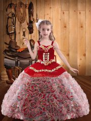Classical Multi-color Straps Neckline Embroidery and Ruffles Little Girls Pageant Gowns with Headpieces Sleeveless Lace Up