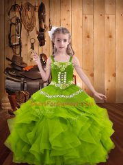 Embroidery and Ruffles Child Pageant Dress Olive Green Lace Up Sleeveless Floor Length