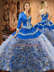 Colorful Sleeveless Satin and Fabric With Rolling Flowers With Train Sweep Train Lace Up Quinceanera Dresses in Multi-color with Embroidery