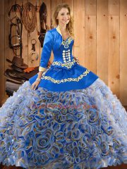 Colorful Sleeveless Satin and Fabric With Rolling Flowers With Train Sweep Train Lace Up Quinceanera Dresses in Multi-color with Embroidery
