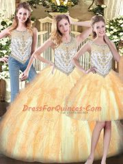 Fitting Floor Length Gold Quinceanera Dress Organza Sleeveless Beading and Ruffles