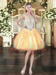 Fitting Floor Length Gold Quinceanera Dress Organza Sleeveless Beading and Ruffles