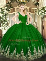 Green Ball Gowns V-neck Sleeveless Tulle Floor Length Backless Beading and Lace and Appliques Quinceanera Gown