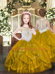Brown Tulle Lace Up Quince Ball Gowns Sleeveless Floor Length Beading and Ruffles