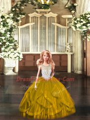 Brown Tulle Lace Up Quince Ball Gowns Sleeveless Floor Length Beading and Ruffles