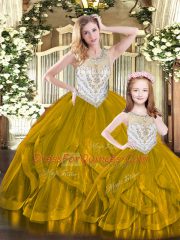 Brown Tulle Lace Up Quince Ball Gowns Sleeveless Floor Length Beading and Ruffles