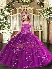 Purple Ball Gowns Tulle Straps Sleeveless Beading and Ruffles Floor Length Lace Up Little Girl Pageant Dress