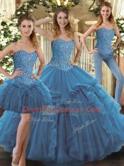 Teal Ball Gowns Sweetheart Sleeveless Tulle Floor Length Lace Up Beading and Ruffles Ball Gown Prom Dress