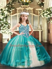 Straps Sleeveless Little Girl Pageant Dress Floor Length Beading Teal Tulle