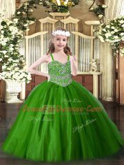 Green Lace Up Straps Beading Evening Gowns Tulle Sleeveless