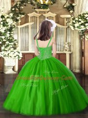 Green Lace Up Straps Beading Evening Gowns Tulle Sleeveless