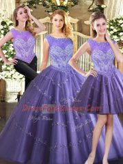 Edgy Scoop Sleeveless Ball Gown Prom Dress Floor Length Beading Lavender Tulle