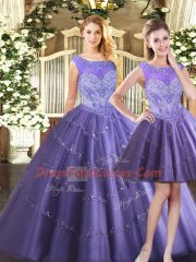 Edgy Scoop Sleeveless Ball Gown Prom Dress Floor Length Beading Lavender Tulle