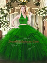 Green Halter Top Zipper Ruffles Quinceanera Gown Sleeveless