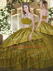 High-neck Sleeveless Quinceanera Gowns Floor Length Beading and Embroidery and Ruffled Layers Olive Green Tulle