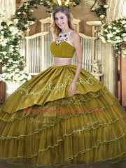 High-neck Sleeveless Quinceanera Gowns Floor Length Beading and Embroidery and Ruffled Layers Olive Green Tulle