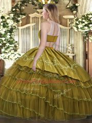 High-neck Sleeveless Quinceanera Gowns Floor Length Beading and Embroidery and Ruffled Layers Olive Green Tulle