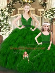Floor Length Green Sweet 16 Dress V-neck Sleeveless Zipper