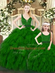Floor Length Green Sweet 16 Dress V-neck Sleeveless Zipper