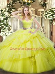 Gorgeous Floor Length Zipper Sweet 16 Dress Yellow Green for Military Ball and Sweet 16 and Quinceanera with Ruffled Layers