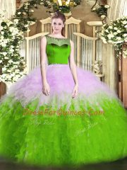 Scoop Sleeveless Tulle Quince Ball Gowns Beading and Ruffles Zipper