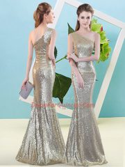 Sequined One Shoulder Sleeveless Zipper Sequins Prom Dress in Champagne