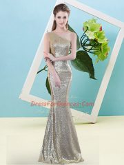 Sequined One Shoulder Sleeveless Zipper Sequins Prom Dress in Champagne