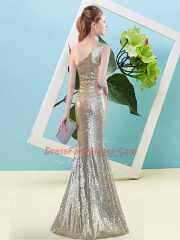 Sequined One Shoulder Sleeveless Zipper Sequins Prom Dress in Champagne