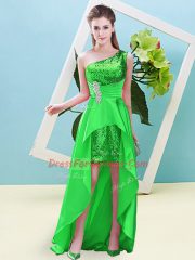 A-line Prom Evening Gown Green One Shoulder Elastic Woven Satin and Sequined Sleeveless High Low Lace Up