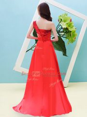 A-line Prom Evening Gown Green One Shoulder Elastic Woven Satin and Sequined Sleeveless High Low Lace Up
