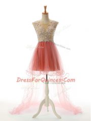 Cheap Watermelon Red Sleeveless Tulle Backless Prom Dresses for Prom and Party