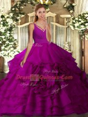 Floor Length Purple Quinceanera Gowns V-neck Sleeveless Backless
