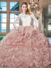 Fabulous Scoop Long Sleeves Lace and Fabric With Rolling Flowers 15th Birthday Dress Beading and Ruffles Brush Train Lace Up