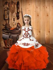 Trendy Organza Straps Sleeveless Lace Up Embroidery Pageant Gowns For Girls in Orange Red