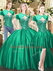 Floor Length Green Quince Ball Gowns Tulle Sleeveless Beading
