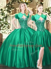 Floor Length Green Quince Ball Gowns Tulle Sleeveless Beading