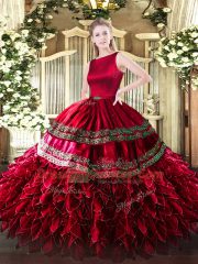 Wine Red Ball Gown Prom Dress Military Ball and Sweet 16 and Quinceanera with Ruffled Layers Scoop Sleeveless Clasp Handle
