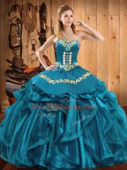 Chic Embroidery and Ruffles Sweet 16 Quinceanera Dress Teal Lace Up Sleeveless Floor Length