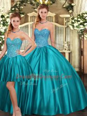 Teal Three Pieces Sweetheart Sleeveless Tulle Floor Length Lace Up Beading Sweet 16 Quinceanera Dress