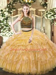 Charming Halter Top Sleeveless Zipper 15th Birthday Dress Gold Organza