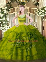 Dramatic Olive Green Quinceanera Gown Sweet 16 and Quinceanera with Beading and Ruffled Layers Scoop Sleeveless Side Zipper