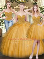 Dazzling Gold Sleeveless Floor Length Beading and Ruffles Lace Up Ball Gown Prom Dress