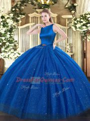 Pretty Blue Ball Gowns Scoop Sleeveless Tulle Floor Length Clasp Handle Belt Quinceanera Dresses