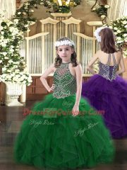 Modern Halter Top Sleeveless Pageant Dress for Teens Floor Length Beading and Ruffles Dark Green Organza