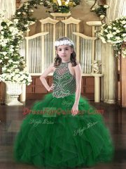 Modern Halter Top Sleeveless Pageant Dress for Teens Floor Length Beading and Ruffles Dark Green Organza