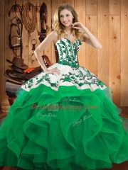 Sleeveless Floor Length Embroidery and Ruffles Lace Up Quince Ball Gowns with Turquoise
