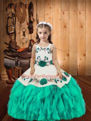 Aqua Blue Sleeveless Embroidery and Ruffles Floor Length Pageant Gowns For Girls